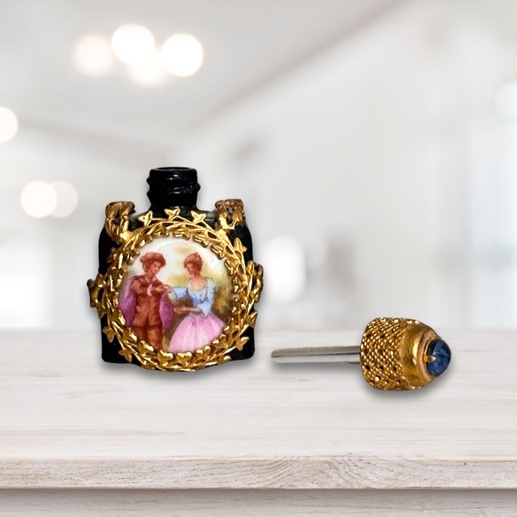 Antique French Porcelain & Blue Glass Mini Perfume Scent Bottle - Picture 2 of 6